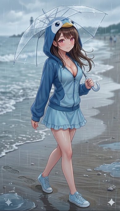 The image features a woman walking along the beach while holding an umbrella, wearing blue clothing that includes a skirt. The scene takes place near the water's edge where she is stepping into the ocean or through shallow water. There are no other people visible in the image, and the focus is on the woman as the main subject of the picture.