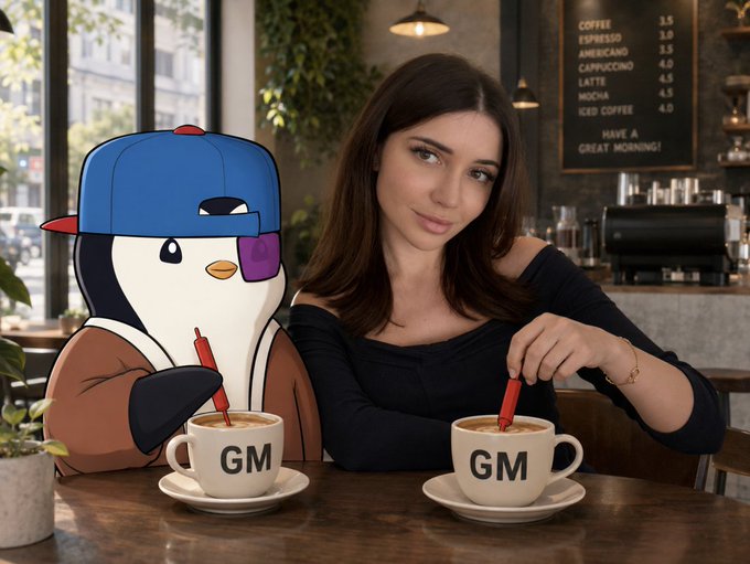 A woman sits at a coffee shop table next to a cartoon penguin character wearing a blue cap, both stirring coffee in white mugs labeled 'GM' beneath a menu board listing coffee prices.