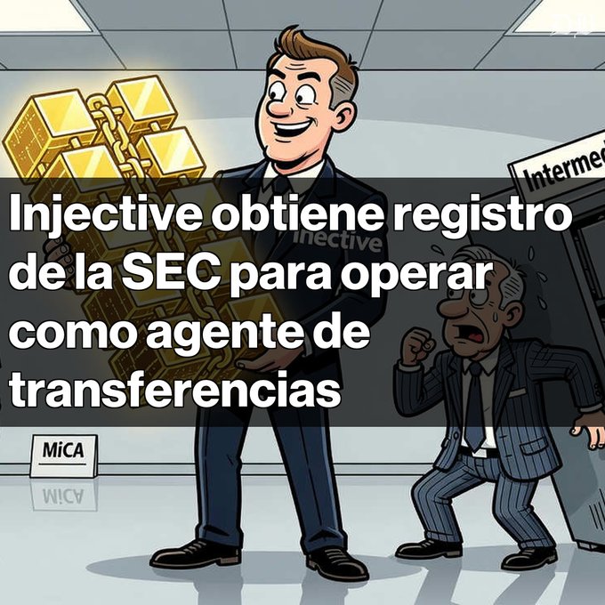 Cartoon illustration of a smiling man in a suit holding a large gold chain, with a shocked man in the background, captioned in Spanish: 'Injective obtiene registro de la SEC para operar como agente de transferencias'.