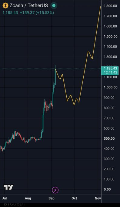 A Zcash/TetherUS (ZEC/USDT) candlestick chart showing a price surge from around $500 in July to a peak above $1,700 in early November, currently at $1,185.43 (+15.53%), supporting the poster's caution against FOMOing as the chart shows a recent pullback from highs around $1,200 before the continued upward trend.