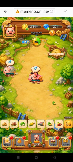 A mobile game interface from memeno.online showing a farm with a character labeled 'Quỳnh Đầu Chuột', displaying '2.14m' coins and various menu options in Vietnamese.