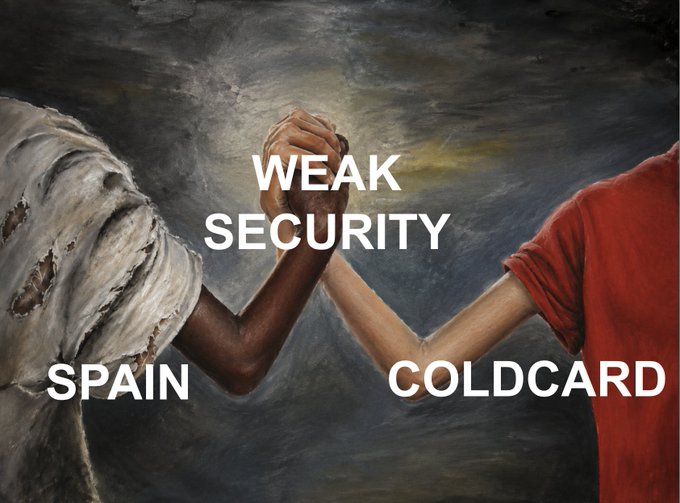 An image styled like the classic "Epic Handshake" meme showing two muscular arms locking hands in the center, labeled "WEAK SECURITY" with "SPAIN" on the left and "COLDCARD" on the right.