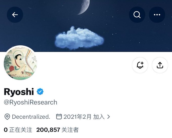 A Twitter/X profile page for the verified account "Ryoshi" (@RyoshiResearch) showing 200,857 followers and a join date of February 2021, which relates to the post's nostalgic sentiment about missing the Ryoshi project/community.