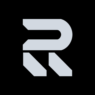 A minimalist logo featuring a stylized light gray letter 'R' on a black background.