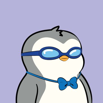 A cartoon illustration of a baby penguin wearing blue swimming goggles and a blue bow tie against a plain light purple background.