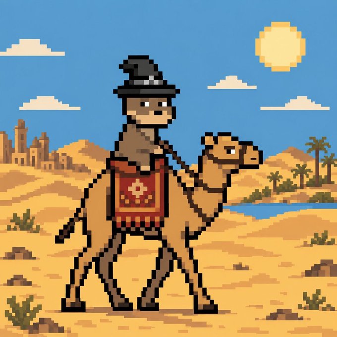 Pixel art showing a camel rider wearing a hat and a red patterned saddle blanket, standing in a desert landscape with a sun, clouds, a city skyline, and an oasis.
