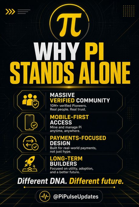 A black and yellow infographic titled 'WHY PI STANDS ALONE' promotes Pi cryptocurrency, highlighting features like 'Massive Verified Community (10M+ verified Pioneers)', 'Mobile-First Access', 'Payments-Focused Design', and 'Long-Term Builders', credited to @PiPulseUpdates.