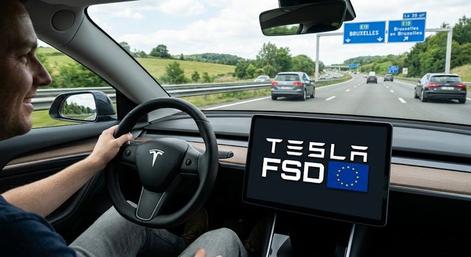 A man drives a Tesla on a highway with road signs pointing to Brussels and Bruges, while the car's screen displays 'TESLA FSD' with an EU flag.