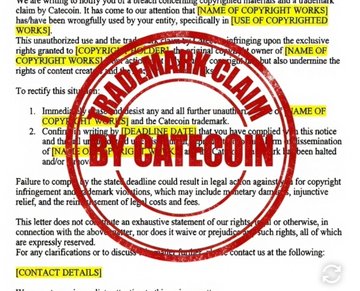 A cease-and-desist trademark claim notice from CateCoin is stamped over legal text, demanding the removal of unauthorized use and compensation, which relates to the post about PumpFun and CoinGecko removing Solana-based $CATE following CateCoin's trademark infringement claim against BNB CateCoin.