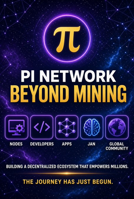 Promotional poster for 'Pi Network Beyond Mining' with a golden pi symbol in a neon circle, featuring icons for Nodes, Developers, Apps, Jan, and Global Community against a starry purple background.