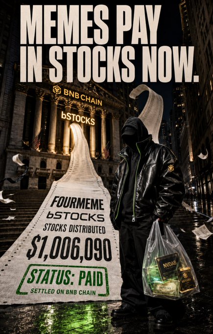 A promotional graphic reading 'MEMES PAY IN STOCKS NOW' featuring a hooded figure holding a long receipt showing 'FOURMEME bSTOCKS STOCKS DISTRIBUTED $1,006,090 STATUS: PAID SETTLED ON BNB CHAIN' in front of a BNB Chain building.