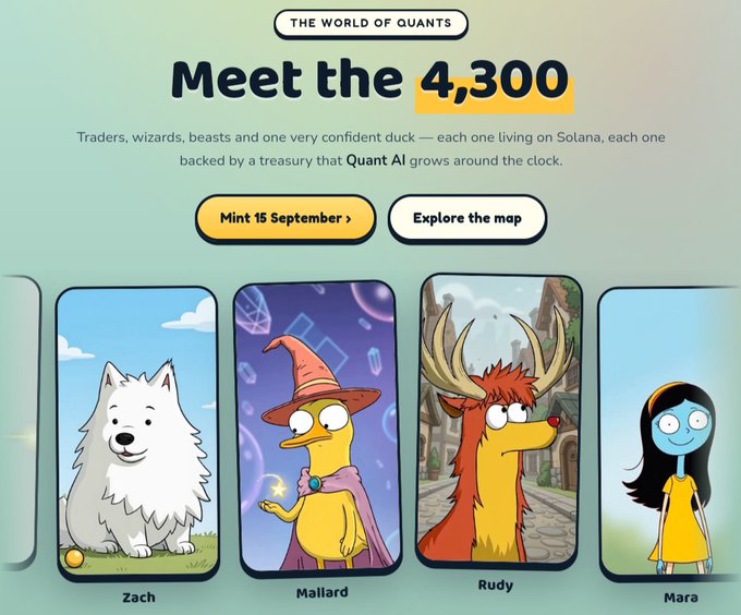 Promotional graphic for 'The World of Quants' featuring cartoon characters Zach (a dog), Mallard (a wizard duck), Rudy (a deer), and Mara, with a mint date of 15 September on Solana blockchain.