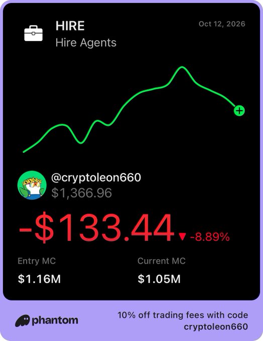A Phantom wallet trading card for '@cryptoleon660' showing a loss of -$133.44 (-8.89%) with a green performance line graph and a promo code 'cryptoleon660' for 10% off trading fees.