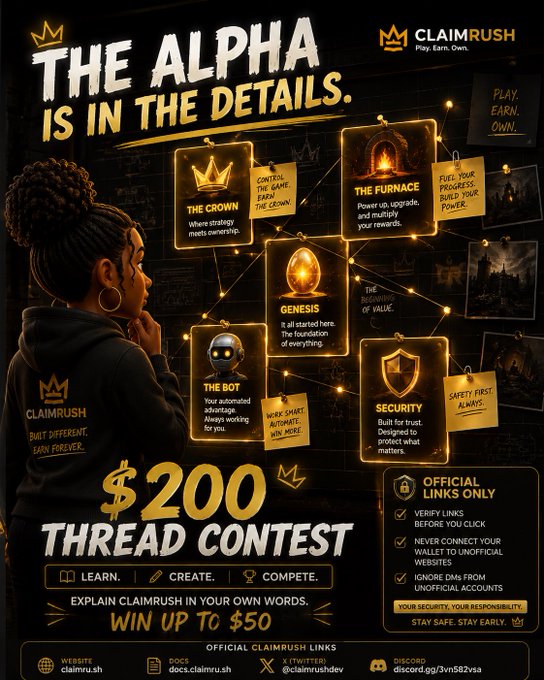 A promotional poster for "CLAIMRUSH" announcing "$200 THREAD CONTEST" featuring character icons and text "THE ALPHA IS IN THE DETAILS."