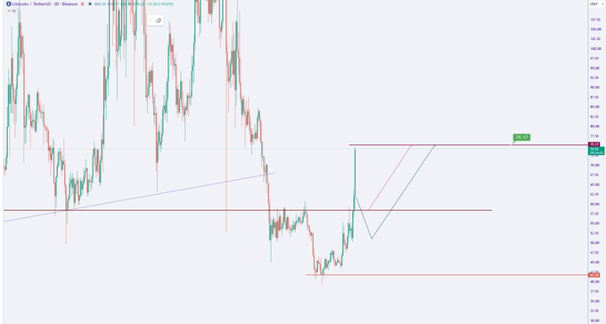 A candlestick chart for Litecoin/TetherUS on Binance shows price action with technical analysis lines and a green annotation box near the 52.00 level.