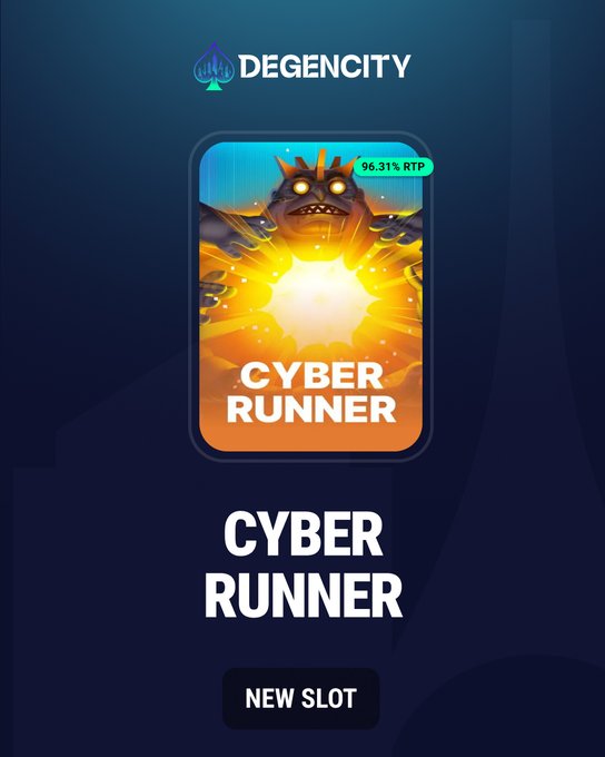 Promotional graphic from DegenCity featuring the "Cyber Runner" new slot game, displaying an illustrated character with an RTP of 96.31%. The post humorously ties into the image by depicting Cyber Runner as a character running into DegenCity to deliver maximum wins to players.