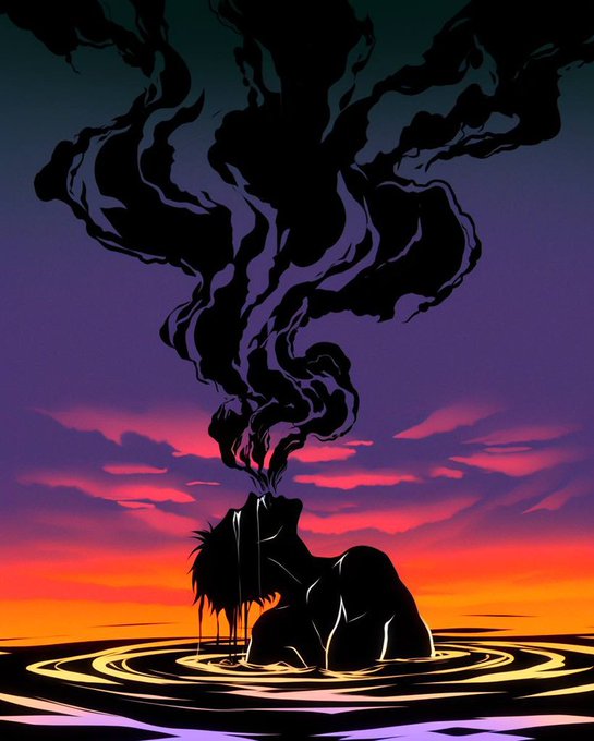 An anime-style illustration depicts a dark, silhouetted figure kneeling in water at sunset, with a massive plume of black smoke rising from their head.
