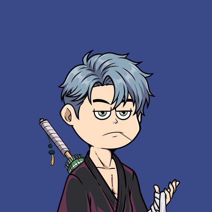 A chibi-style anime character with messy blue hair, a black kimono, and a sword strapped to his back stands with a deadpan expression against a solid blue background, matching the post's cheerful "Good morning" giveaway announcement to celebrate an honorary 1/1 NFT art piece.