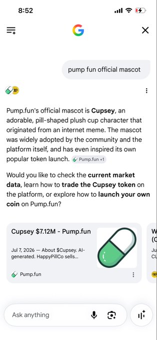 A Google search for "pump fun official mascot" displays an AI overview stating that Cupsey is the official mascot, alongside a link showing $Cupsey with a $7.12M market cap, supporting the post's claim that a simple Google search reveals this fact.