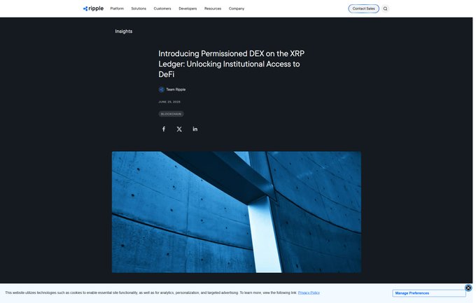 Ripple's June 2025 Insights article titled "Introducing Permissioned DEX on the XRP Ledger: Unlocking Institutional Access to DeFi" announces the launch of permissioned domains and a Permissioned DEX on the XRPL, enabling compliant, access-controlled trading for institutions alongside the public DEX. The dark-themed page features a striking blue image of a concrete architectural structure, symbolizing the foundational infrastructure Ripple is building for regulated DeFi.