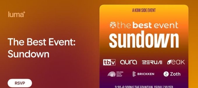 A promotional RSVP card for "The Best Event: Sundown," a KBW side event featuring sponsors like tbv, aura, Zerumi, deck, Golden Ratio Group, Brickken, and Zoth, scheduled from 3:30-6:30 PM at The Fountain, Seoul.