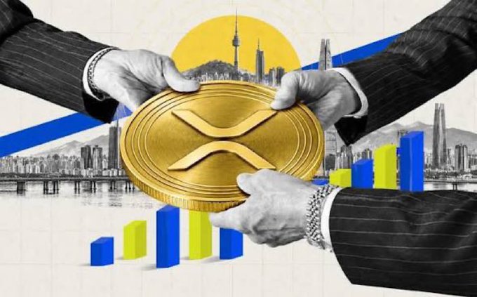 An illustration showing several hands in business suits collectively holding a large gold XRP (Ripple) cryptocurrency coin, set against a backdrop of a city skyline and bar charts.