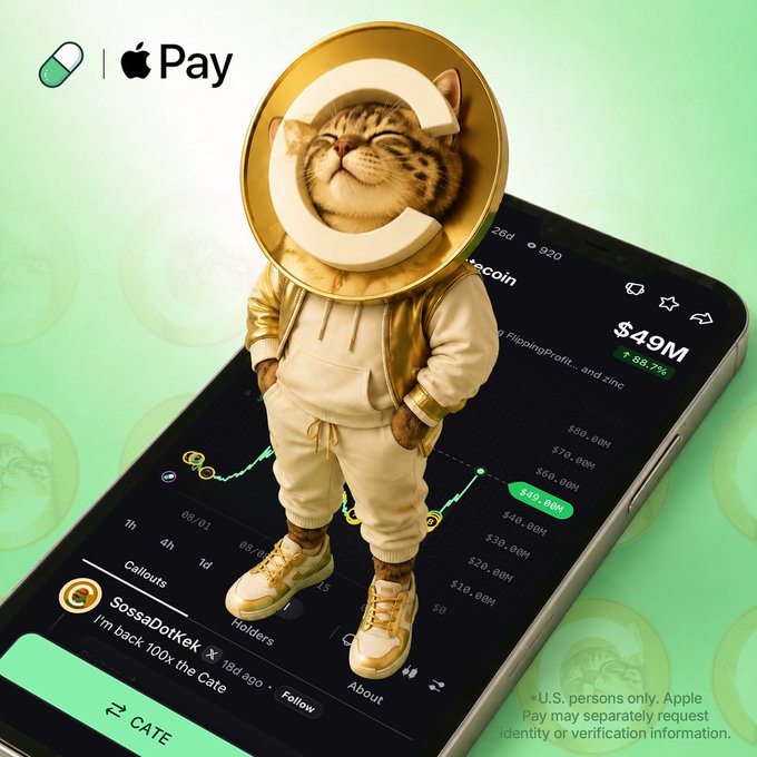 An anthropomorphic cat wearing a gold hoodie and a cryptocurrency logo medallion stands on a smartphone displaying a trading chart with a 58.7% gain, "$49M" value, and the ticker "CATE" at a "$49.00M" price point. The image visualizes the post's message that "CATE" is the chosen memecoin, with the pump shown via the green upward chart trend, while logos for Apple Pay and a verification notice appear at the top and bottom edges.