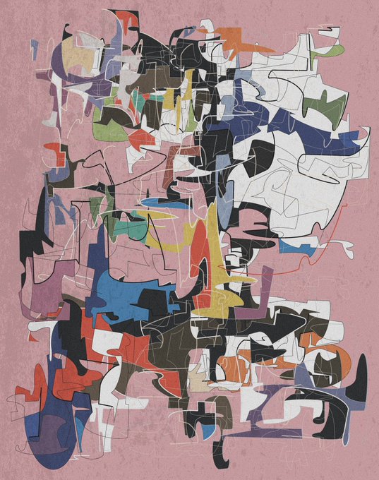 The image shows an abstract digital artwork titled "Amorphous," featuring a dense composition of colorful geometric shapes and fragmented forms in pinks, blues, blacks, whites, and oranges set against a soft pink background, which relates to the post as a collected edition (2/16 minted) of the artwork.