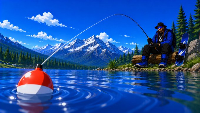 A person in a blue jacket and hat sits on a log fishing at a mountain lake, with a red and white bobber floating in the water and a snowboard nearby.