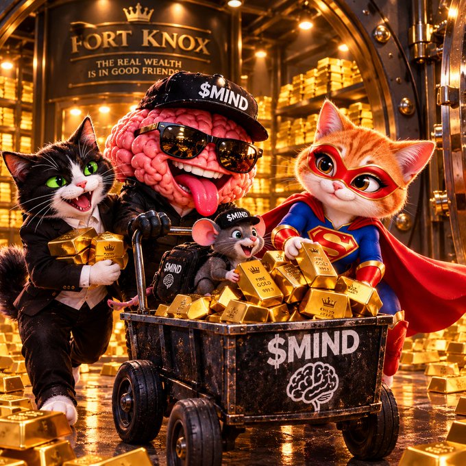 A digital illustration featuring a pink brain wearing sunglasses and a cap, along with a black cat in a suit and an orange cat in a superhero costume, posing with a cart full of gold bars that also displays the text 'FORT KNOX THE REAL WEALTH IS IN GOOD FRIENDS' and '$MIND'.