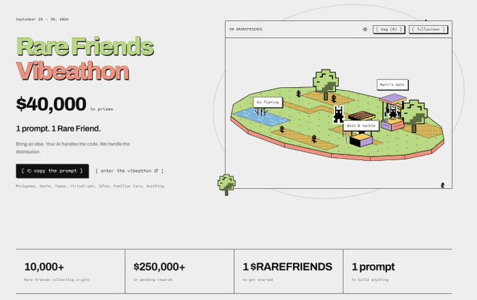 A promotional webpage for a 'Rare Friends Vibeathon' displaying a prize of $40,000, featuring a pixel art isometric view of a fenced area with characters and buildings labeled 'Matt's Here' and 'Mr. Fluffox'.