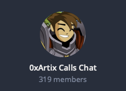 A Telegram group chat icon for '0xArtix Calls Chat' featuring a cartoon avatar of a smiling character in futuristic armor, with 319 members listed below.