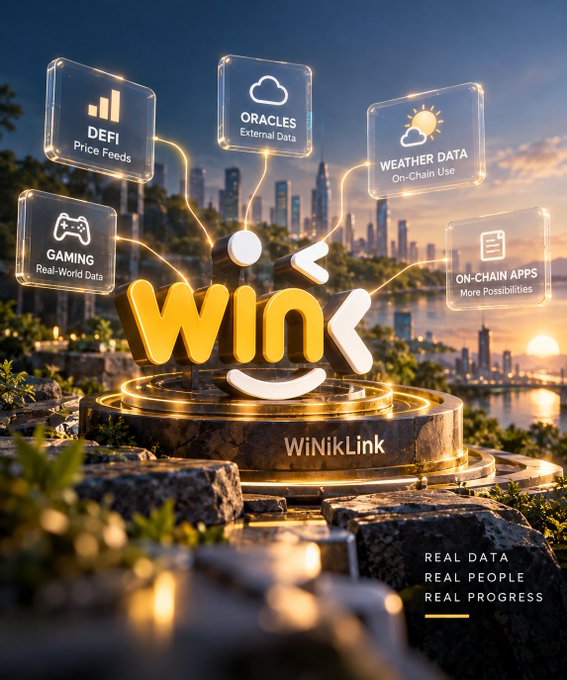 A promotional graphic for WiNikLink featuring a golden 'WIN' logo surrounded by floating icons labeled 'DEFI Price Feeds,' 'ORACLES External Data,' 'WEATHER DATA On-Chain Use,' 'GAMING Real-World Data,' and 'ON-CHAIN APPS More Possibilities,' with the tagline 'REAL DATA REAL PEOPLE REAL PROGRESS.'