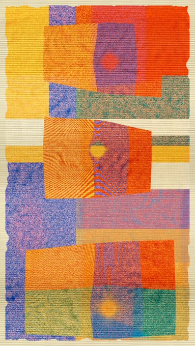 An abstract artwork composed of overlapping textured rectangles in shades of orange, purple, blue, green, and yellow.