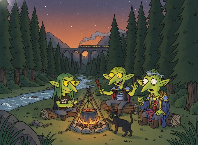 A cartoon illustration of three green-skinned goblins sitting around a campfire with a black cat in a forest setting, with a stone bridge and train visible in the background under a twilight sky.