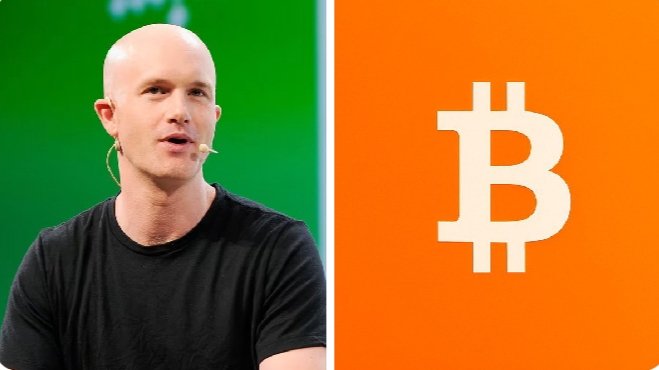 A bald man in a black t-shirt speaks into a headset microphone against a green backdrop, positioned next to a large white Bitcoin (₿) symbol on an orange background—visually connecting Coinbase CEO Brian Armstrong to his commentary on Bitcoin's fixed, non-inflatable supply.