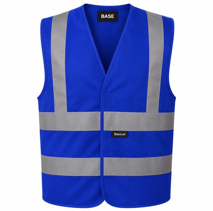 A blue "BASE" branded hi-visibility safety vest is displayed against a white background, featuring reflective silver stripes across the chest and torso with a "Basecat" label. The image visually supports the post's sentiment about always wearing the base vest, presenting it as essential everyday safety gear.