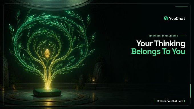 A glowing green and gold leaf-shaped structure cradles a luminous central node on a circular platform, with text reading "YveChat," "SOVEREIGN INTELLIGENCE," "Your Thinking Belongs To You," and the URL "https://yvechat.xyz"—visually reinforcing the post's message that cognitive sovereignty is the project's guiding principle, even when user-controlled infrastructure demands greater personal responsibility.