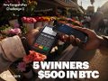 The image features a person holding up a phone, likely taking payment through an app like BtcPay or BitPay. The text below the photo reads "5 Winners $500 In Btc", indicating that five people have won money using this particular method of payment. Additionally, there is another text in the image stating "Crypto in your pocket" which suggests that Bitcoin has become a part of everyday life and transactions now involve using digital currency directly on our smartphones or other devices without needing a central bank system. The overall scene implies an exciting opportunity for people to participate in this innovative form of currency, quickly and conveniently transferring money with just a few taps on their phone screens.
