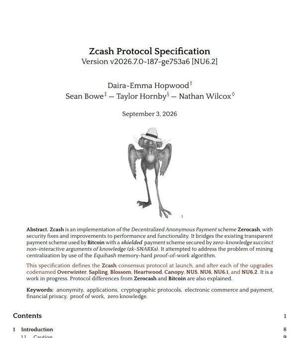 Title page of the "Zcash Protocol Specification, Version v2026.7.0-187-ge753a6 [NU6.2]" by Daira-Emma Hopwood, Sean Bowe, Taylor Hornby, and Nathan Wilcox, dated September 3, 2026, featuring an illustration of a bird wearing a hat.