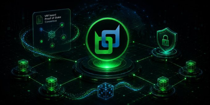 A green-themed crypto/tech graphic featuring a central logo, a 'VDF based Proof of Stake Consensus' panel, and a security shield icon connected by glowing network lines.