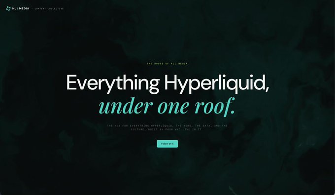 A dark-themed website hero for 'HL/MEDIA Content Collective' with the headline 'Everything Hyperliquid, under one roof.' and a 'Follow us' button.