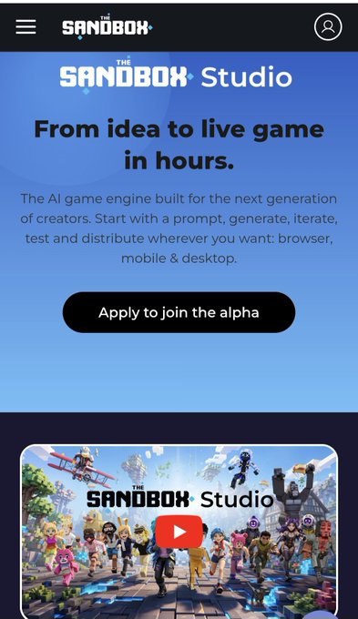 The image shows a smartphone screen displaying an advertisement for The Sandbox Game Studio's Alpha beta testing program. Several people are depicted in various roles within the game design environment, possibly characters from a video game or part of the AI development team. A description below the image explains that players will be joining to test and develop the Alpha beta version of The Sandbox studio before its official release, which might focus on AI-assisted creation, faster prototyping, and tools designed for creating interactive experiences.