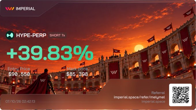 An Imperial platform promotional graphic showing HYPE-PERP SHORT 7x with +39.83% gain, entry price $90.550 and mark price $85.398, with a referral link imperial.space/refer/melymel dated 07/10/26.