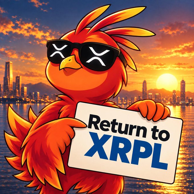 A vibrant cartoon phoenix bird wearing sunglasses holds a sign reading "Return to XRPL" against a sunset cityscape backdrop, visually reinforcing the post's message about $PHNIX returning to the XRP Ledger (XRPL) ecosystem with a playful meme-style aesthetic.