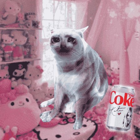 A humorous edited image of a hairless cat with a human-like facial expression sitting in a pink-themed room filled with plush toys, next to a Diet Coke can with a hand-drawn face.