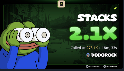 A Pepe the Frog meme looks through binoculars over a dark green forest background, displaying large text that reads "STACKS 2.1X" along with "Called at 278.1K | 18m, 33s" and a "DODOROCK" logo.