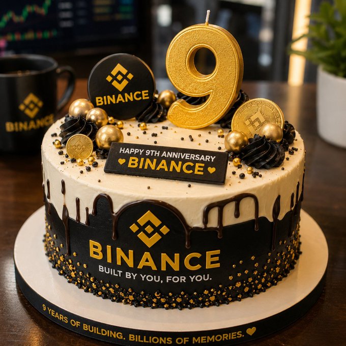 A custom Binance-branded 9th anniversary cake sits on a desk, featuring a large gold "9" candle, chocolate drip detailing, and edible decorations including the Binance logo and a plaque reading "HAPPY 9TH ANNIVERSARY ♥ BINANCE ♥" along with "BUILT BY YOU, FOR YOU" and "9 YEARS OF BUILDING. BILLIONS OF MEMORIES."