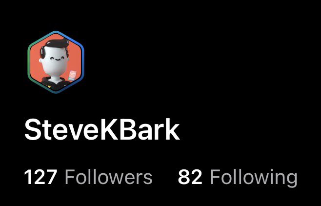 A profile screenshot for 'SteveKBark' showing a cartoon avatar, with '127 Followers' and '82 Following' listed below.