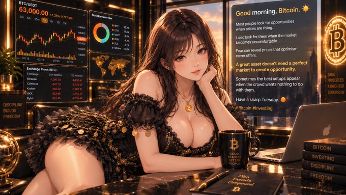 An anime-style depiction of a woman at a desk surrounded by Bitcoin and cryptocurrency trading data, with text reading 'Good morning, Bitcoin,' and displaying BTC/USDT at 63,000.00 along with various trading principles.